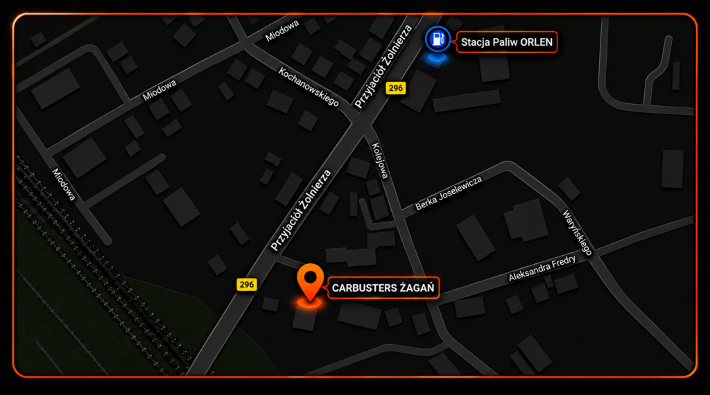 Mapa lokalizacji sklepu CARBUSTERS przy ul. Przyjaciół Żołnierza 43 w Żaganiu
